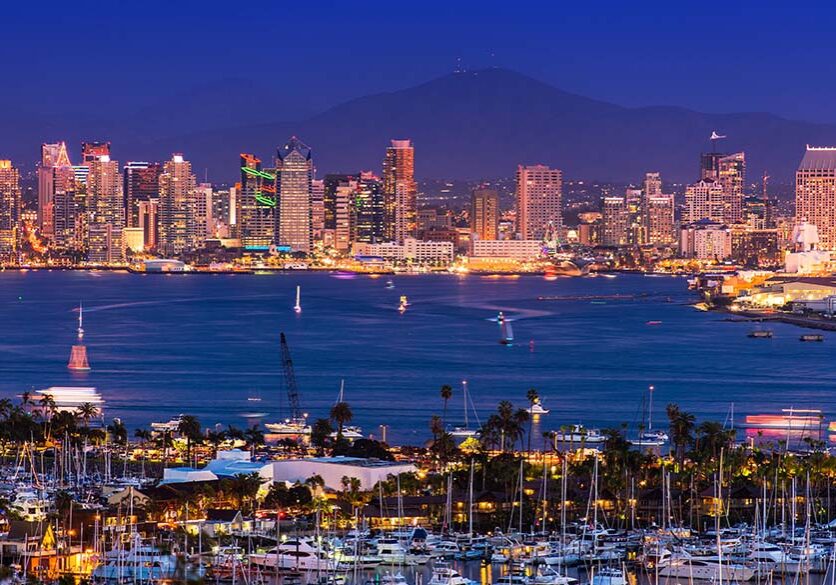 Scenic San Diego Panorama Scenic San Diego Panorama at Night. Shelter Island Yacht Basin, North San Diego Bay, Americas Cup Harbor and the San Diego City Skyline.