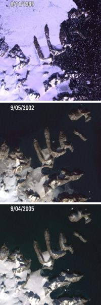 Satellite evidence of global warming: Landsat image of thawing islands photographed in 1985, 2002, and 2005