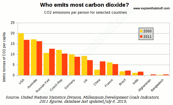 Bar chart showing carbon dioxide emissions per capita for 12 countries.