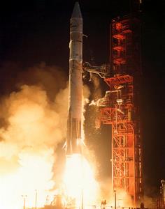 An Intelsat V spacecraft launches aboard Atlas Centaur 55 in 1981.