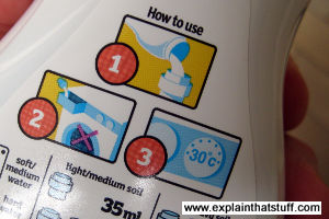 A laundry detergent bottle encouraging users to wash at 30 degrees C