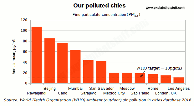 Bar chart comparing mean PM2.5 particulate levels in 10 major world cities with the WHO air quality guideline.